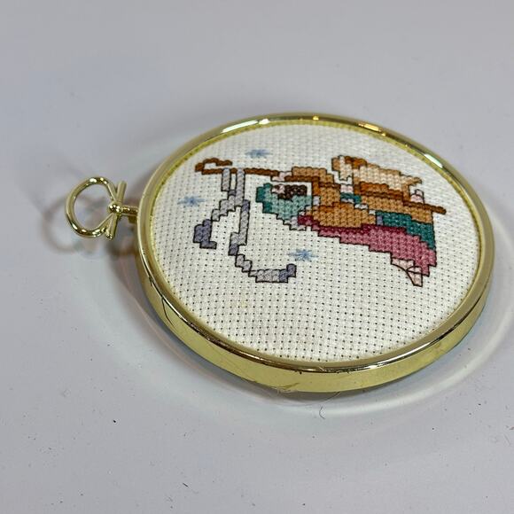 Handmade Cross Stitch Christmas Ornament Shepherd Nativity 3.5" Gold Frame - Picture 2 of 5